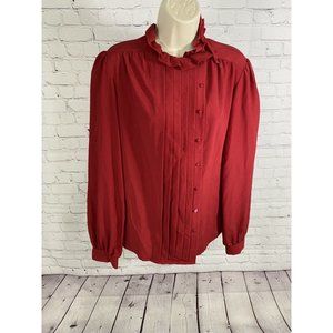 VTG Lorch Red Button Up Pleated High Neck Ruffle Long Sleeve Blouse 12